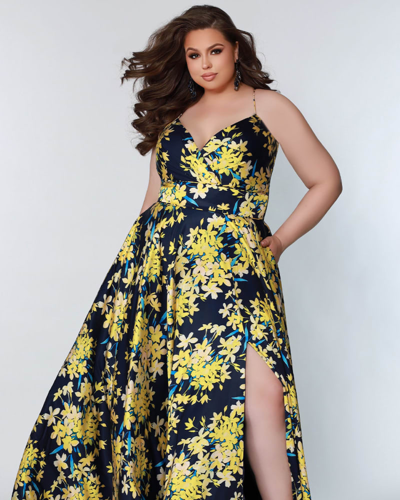 Front of a model wearing a size 16 Endless Summer Formal Dress in Yellow Blossom by Celebrations by Sydney's Closet. | dia_product_style_image_id:280055